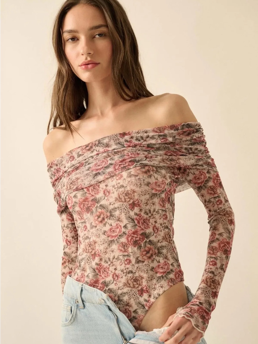 NWT Promesa Poetic Petals Floral Mesh Foldover Off Shoulder Bodysuit S Feminine